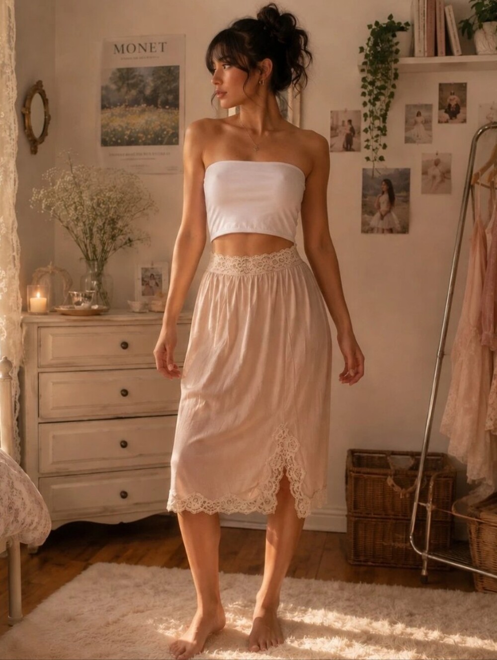 Vintage 70s Vanity Fair Beige Nude Lace Half Slip Lingerie Skirt Large Romantic